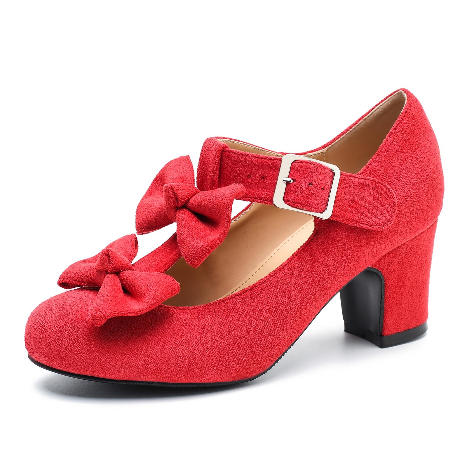 Women’s Bow T-Strap Mary Jane Pumps, 2.56 Inch Block Heel, Double Bows, Buckl…