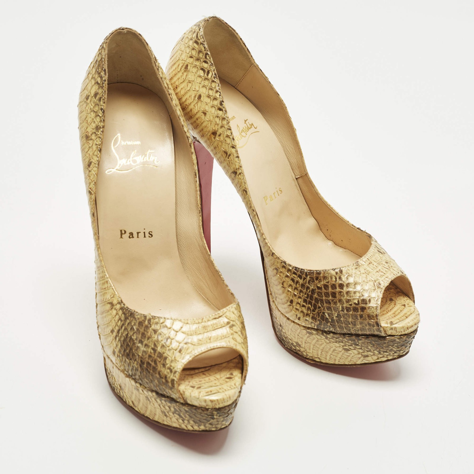 Christian Louboutin Lady Peep Size 37.5 Two Tone Python Leather Platform Pumps