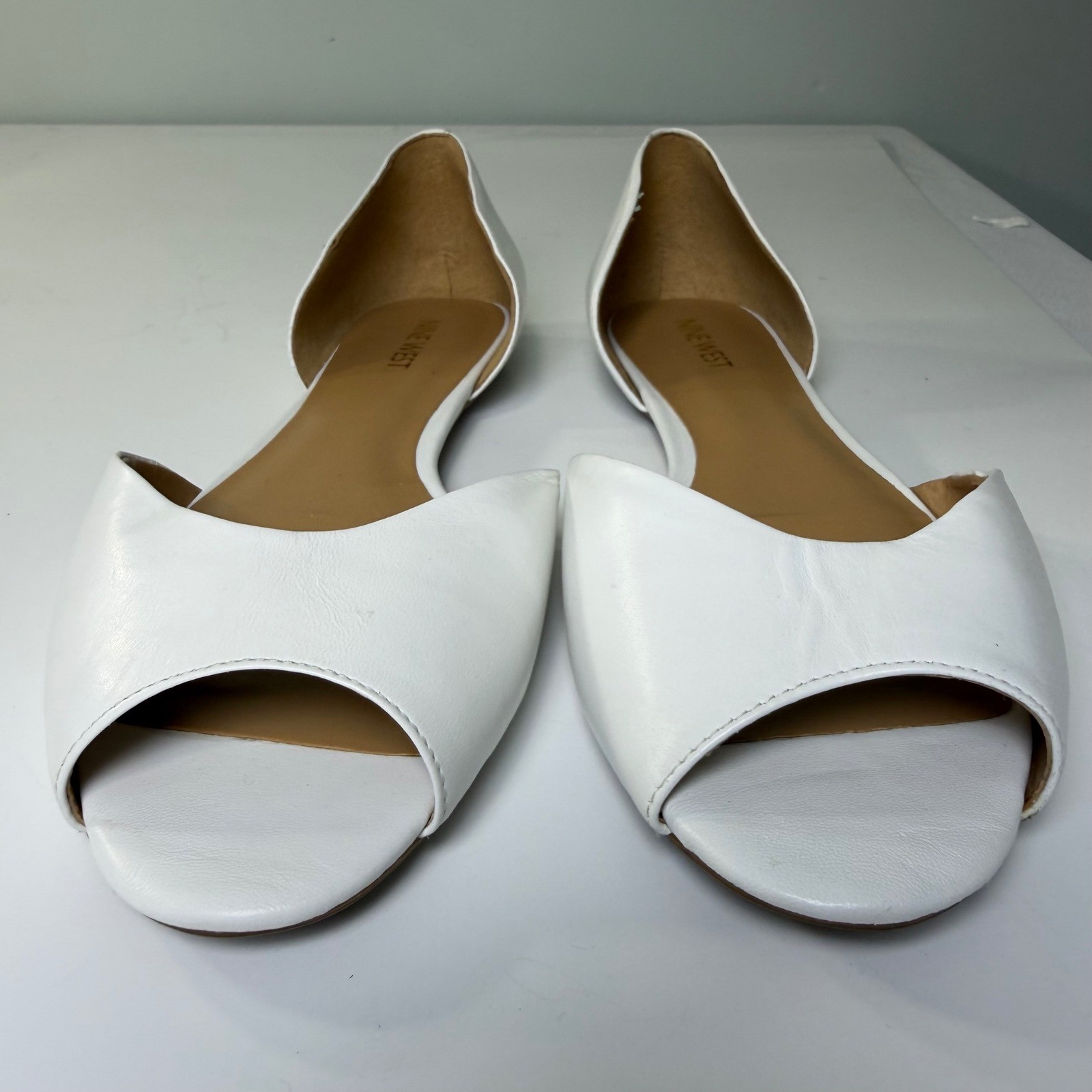 Nine West Blossom White Leather Peep Toe d’Orsay Flats Womens 10M