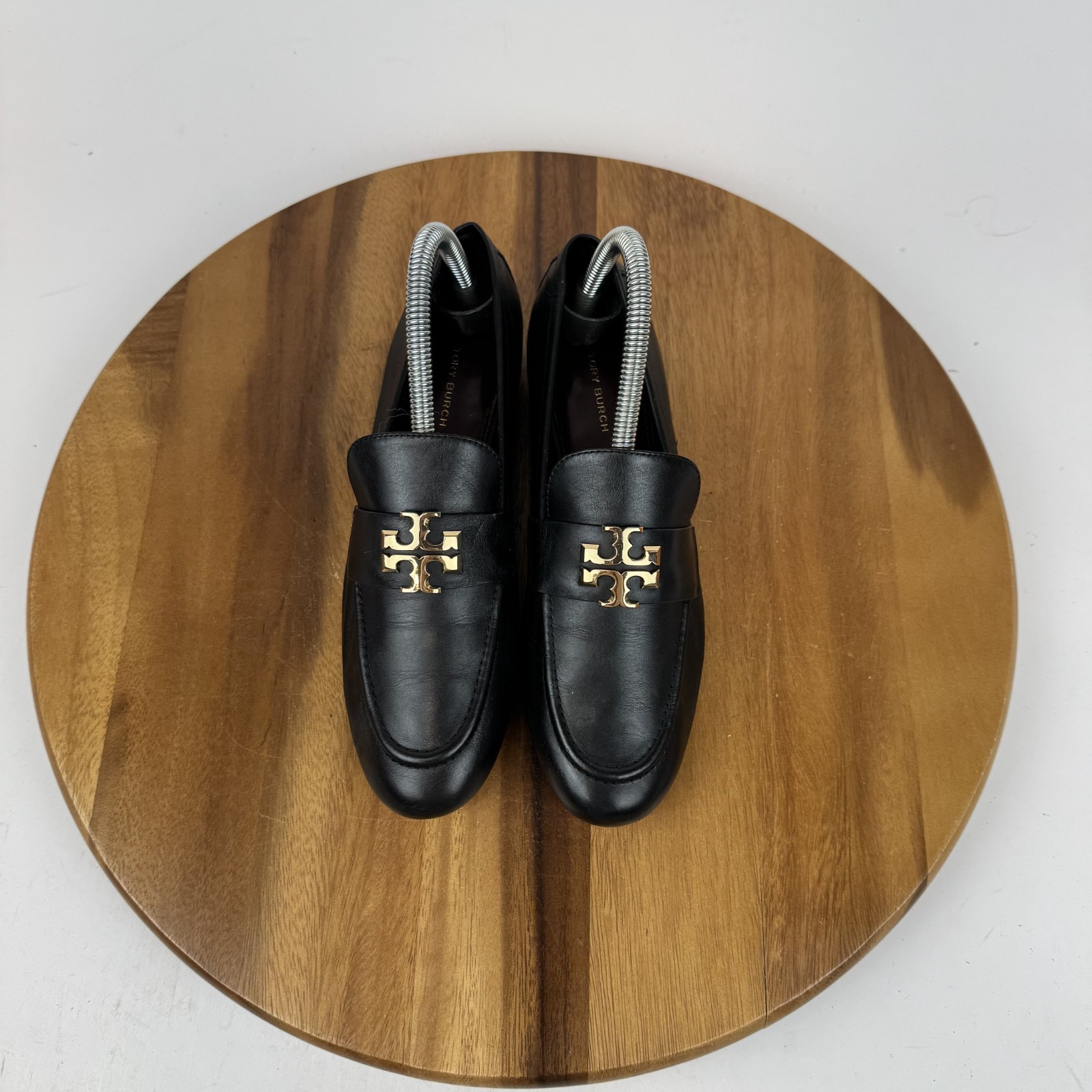 Womens Tory Burch Eleanor Black Leather Gold Hardware Casual Loafers Size 7 GUC