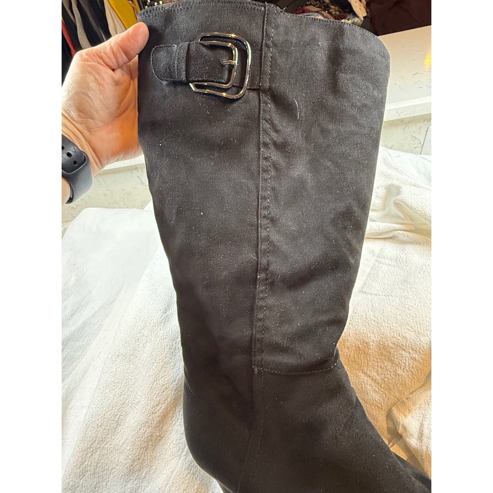 Impo Venza Black Faux Suede Wedge Knee High Boots Buckle Detail Women 7M