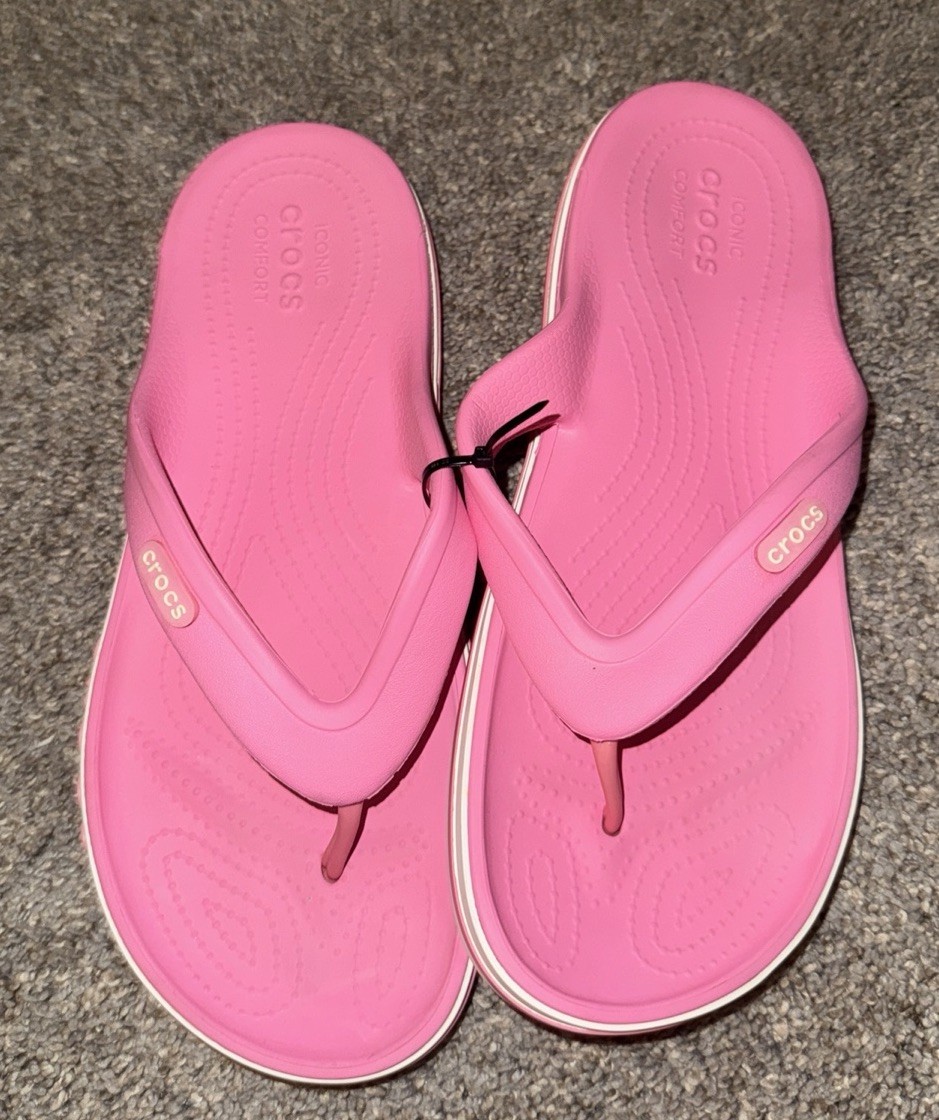 Pink CROCS Bayaband Flip Flop Sandals White Trim Stripe 1” Platform Flat W9 M7