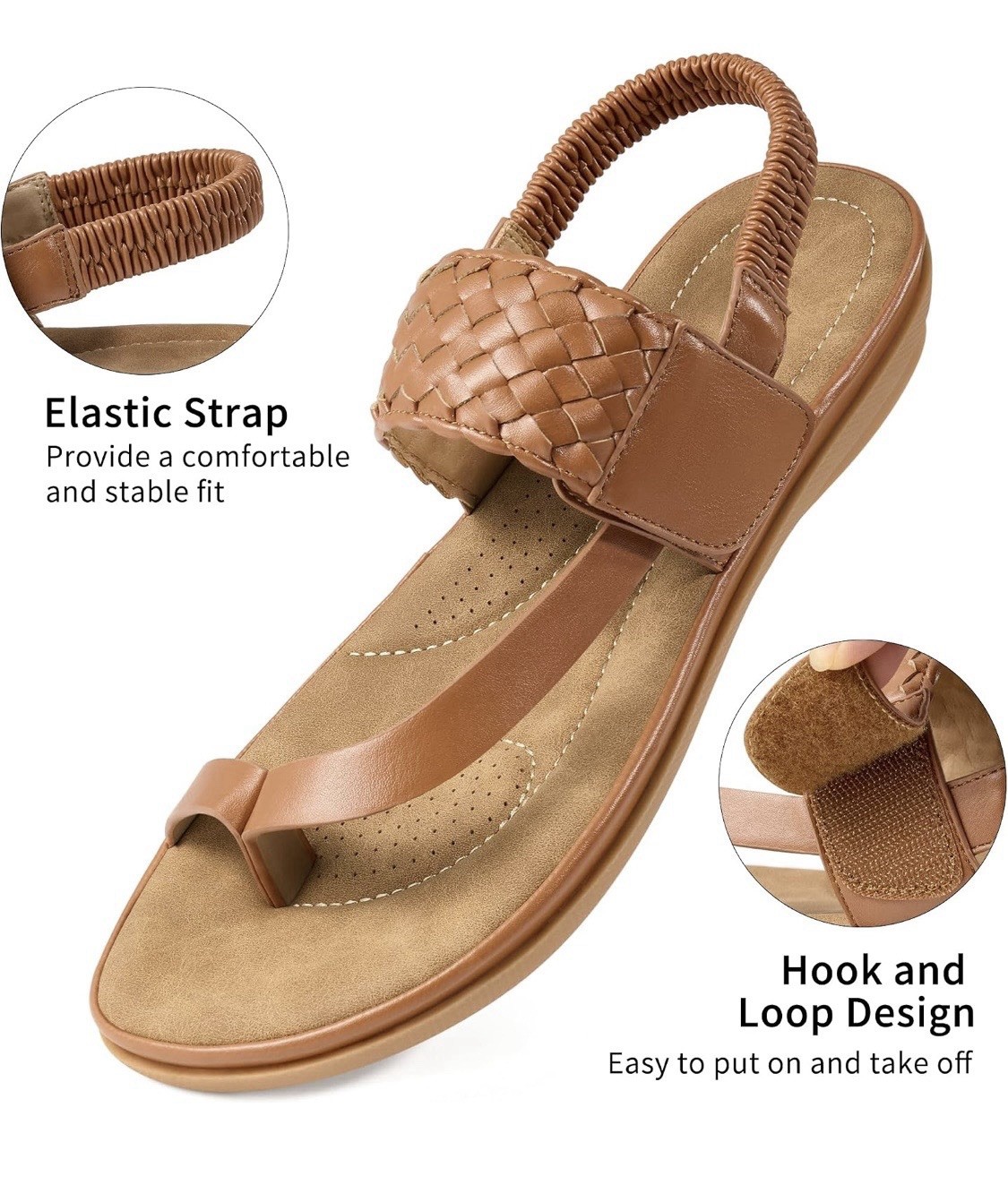 Women’s Brown Thong Sandals Woven Braided Straps Hook & Loop Elastic Back 12