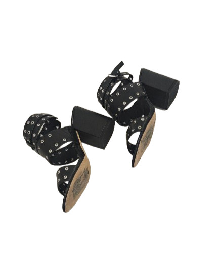 Rebecca Minkoff Black Carter Grommet Chunky Block 3.5″ Heel Sandal Size 6.5