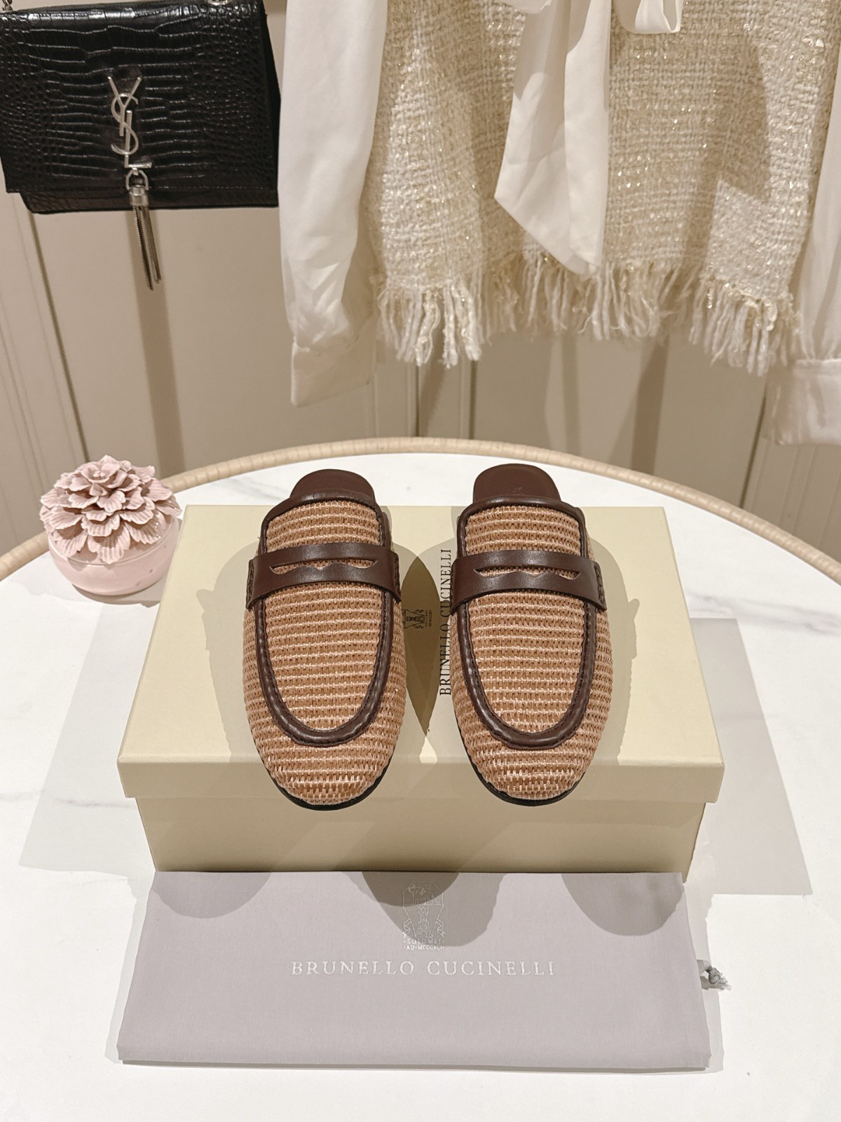 Brunello Cucinelli Women Tan Woven Raffia Penny Loafer Mule Flat Shoes 35-42
