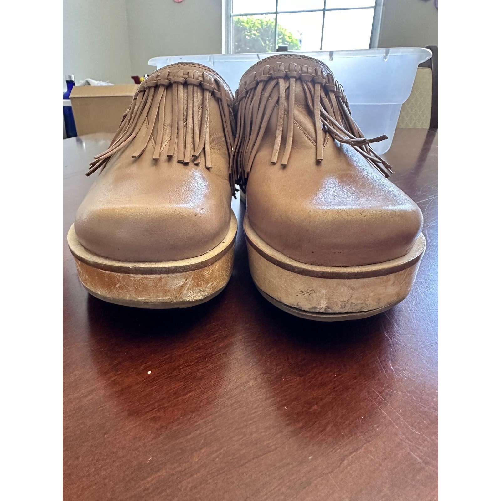Two Lips Sylvia Tan Leather Fringe Wooden Platform Clogs Mules Boho Brazil 7M