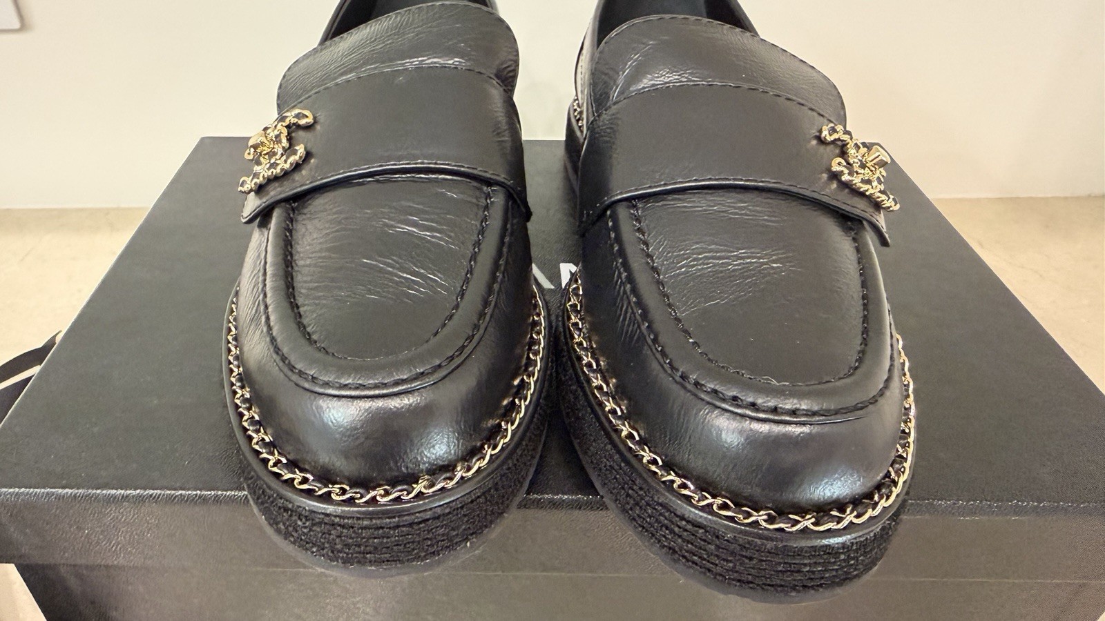 CHANEL Loafers In Black leather W/ Gold Chain Accents; Size 36