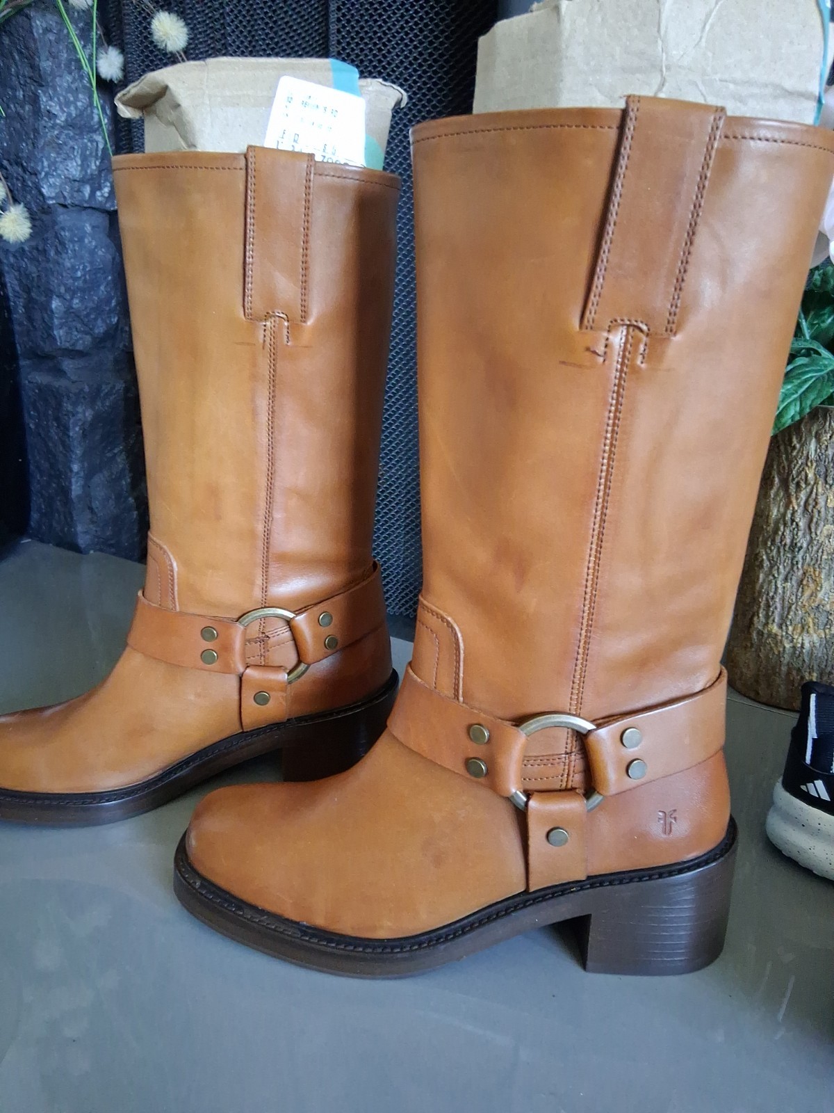 Frye Women’s Brown Leather Knee High Pull-On Riding Boots, Buckle, Round Toe
