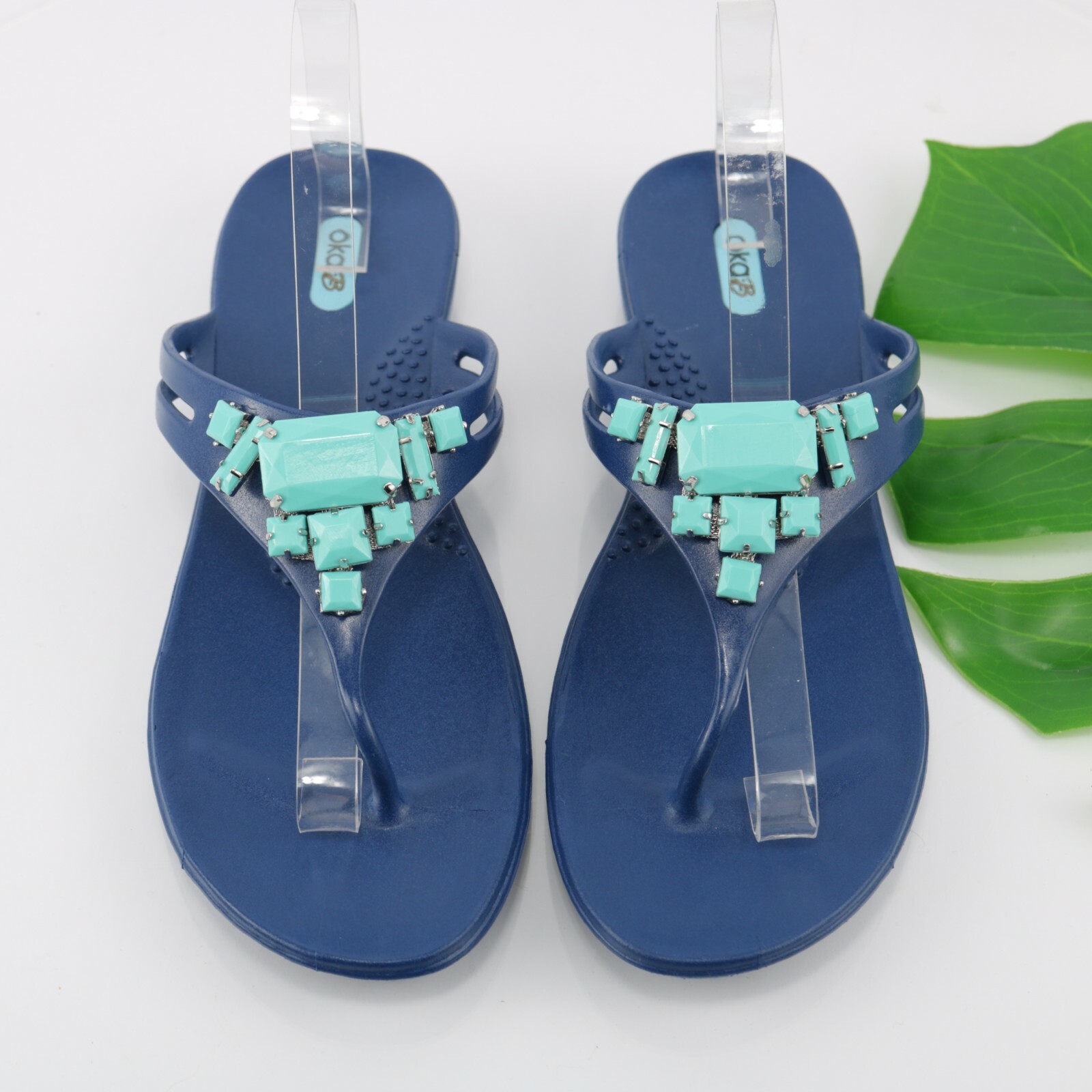 Oka B Womens Sandal Size L 10 Navy Blue Thong Turquoise Beaded Jelly Slide Flat