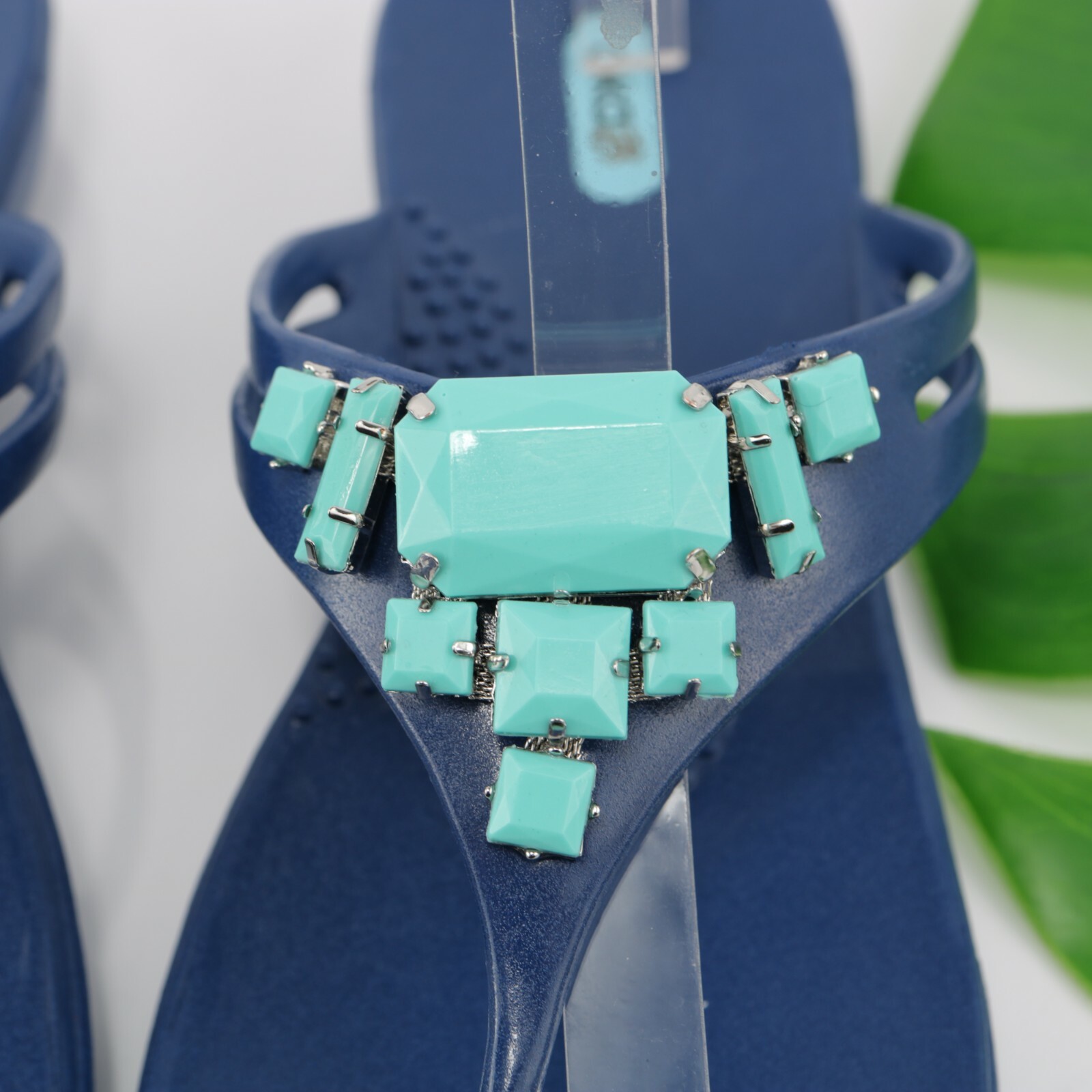 Oka B Womens Sandal Size L 10 Navy Blue Thong Turquoise Beaded Jelly Slide Flat