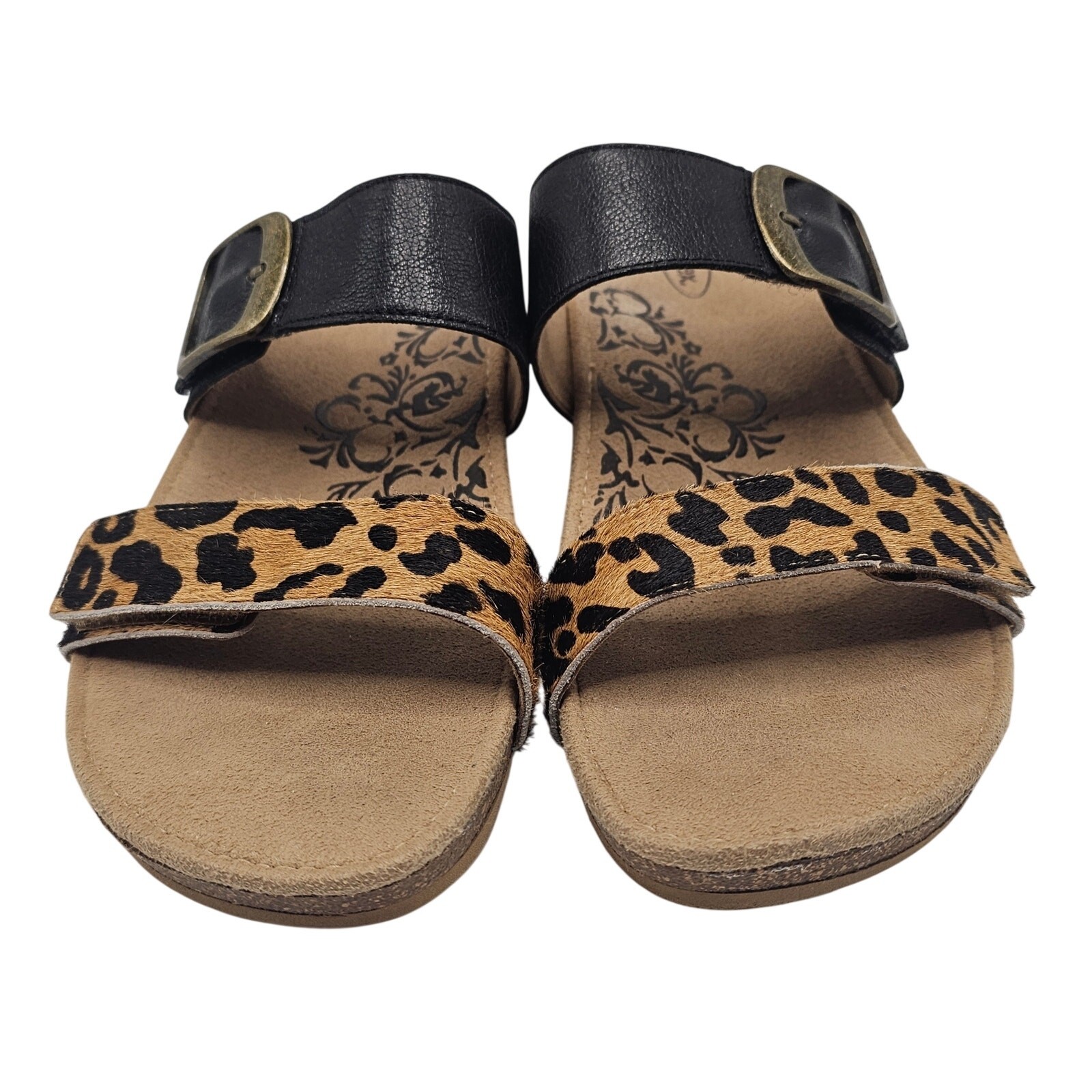 Aetrex Daisy Adjustable Slide Leopard Print Leather Orthotic Sandals W10 / EU41