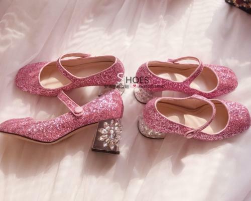 Womens Mary Jane Pumps Heels Shoes Sweet Rhinestone Sequins 6.5 Block Square Toe