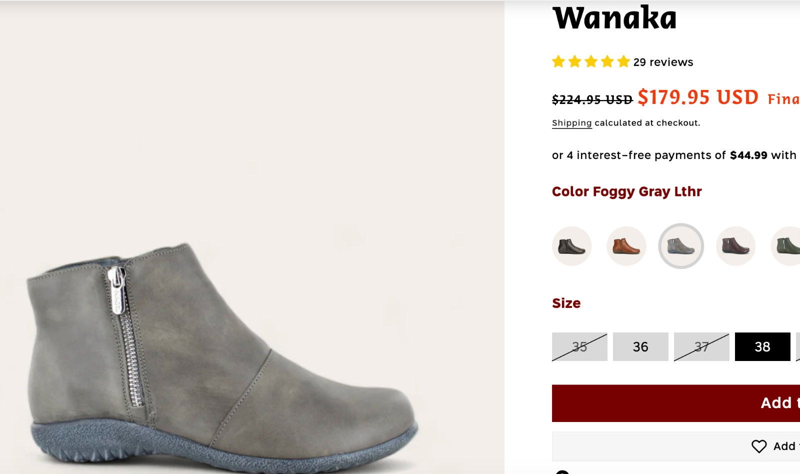 Naot Wanaka boots size 38 brand new, Foggy Gray Leather. Removable insole.