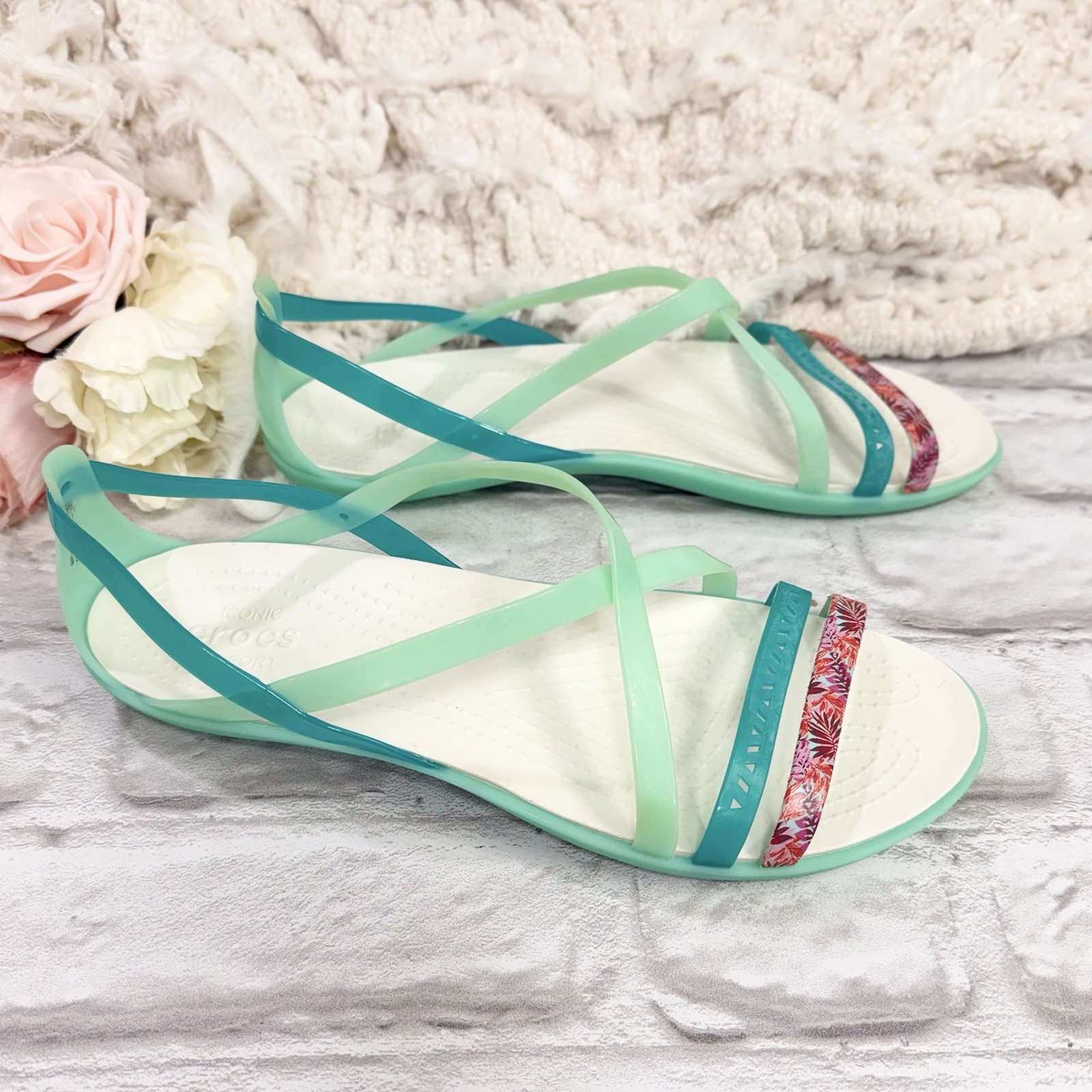 Crocs Isabella Iconic Jelly Strappy Sandals Flats Womens 11W Leaf Print Green
