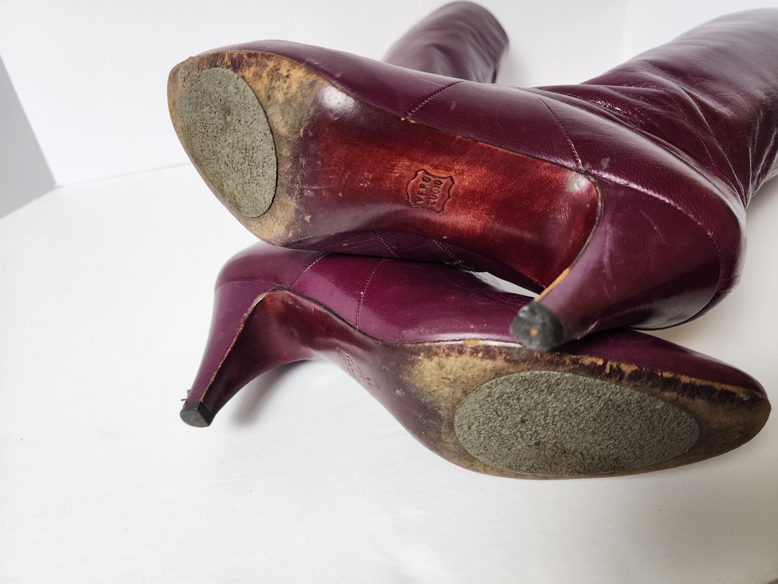 ​Vintage 80’s BRUNO MAGLI Plum Purple Leather Knee High Boots Italy 7.5 AA Slim