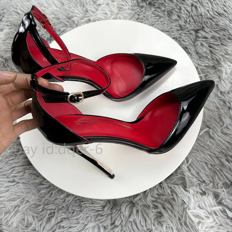 Black Patent Leather Ankle Strap Stiletto Pumps Pointed Toe Sexy High Heel Shoes