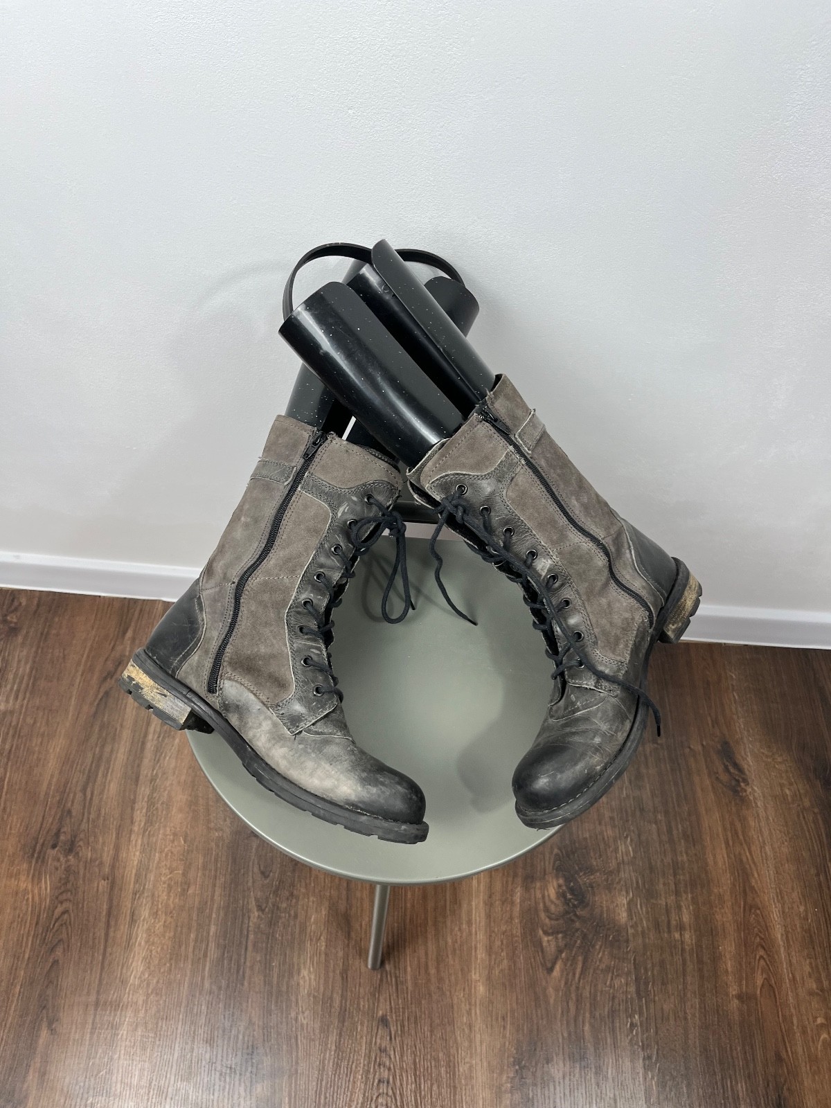 Gray Distressed Combat Lace-Up Zip Boots Avant-Garde Style EU 39