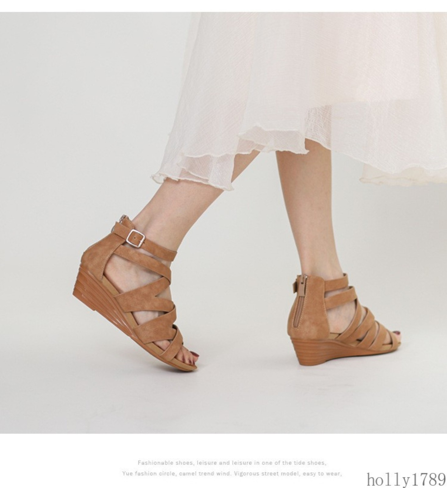 Women Crisscross Multi Strap Adjustable Buckle Zip Open Toe Wedge Heel Sandals