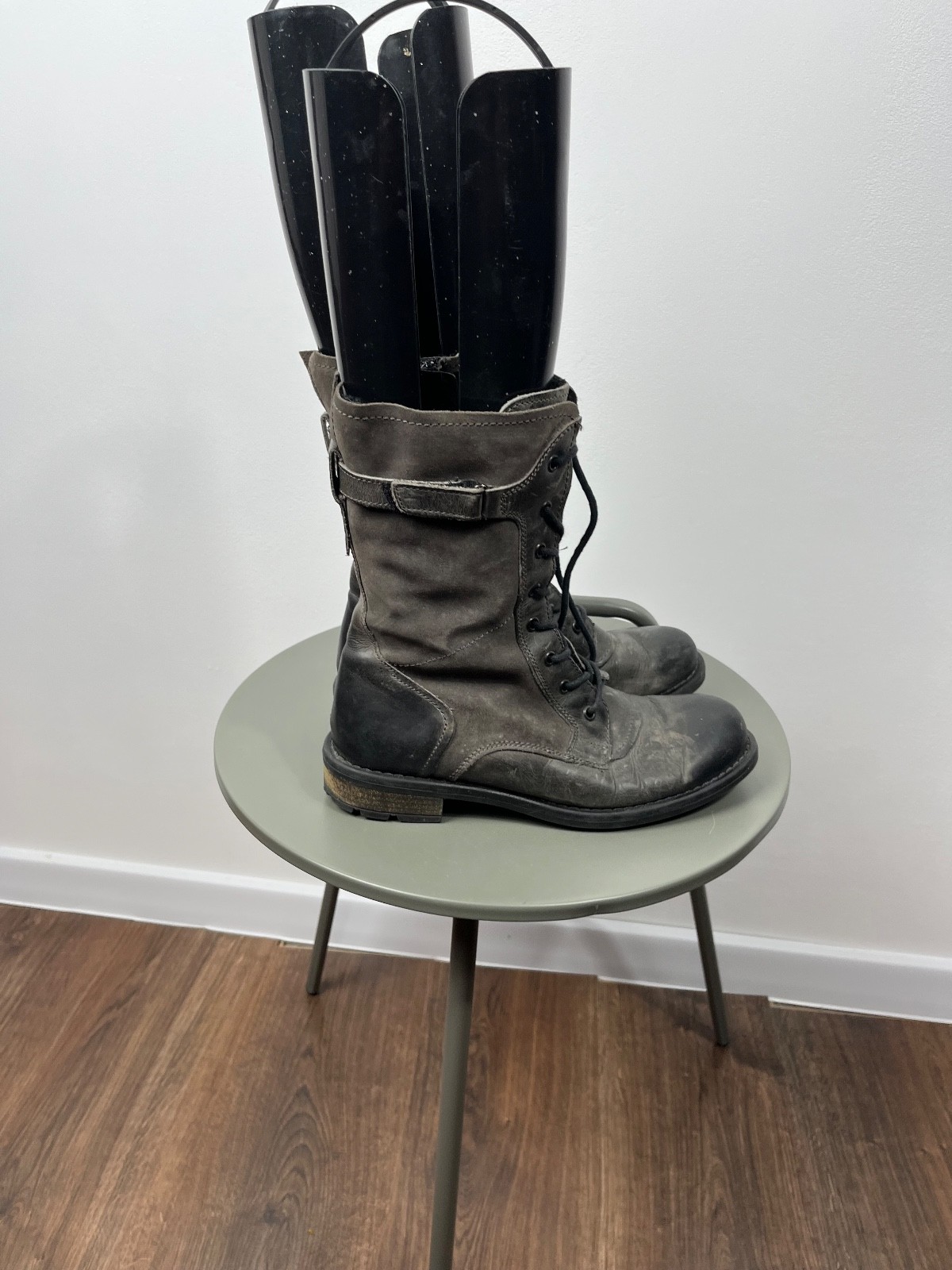 Gray Distressed Combat Lace-Up Zip Boots Avant-Garde Style EU 39