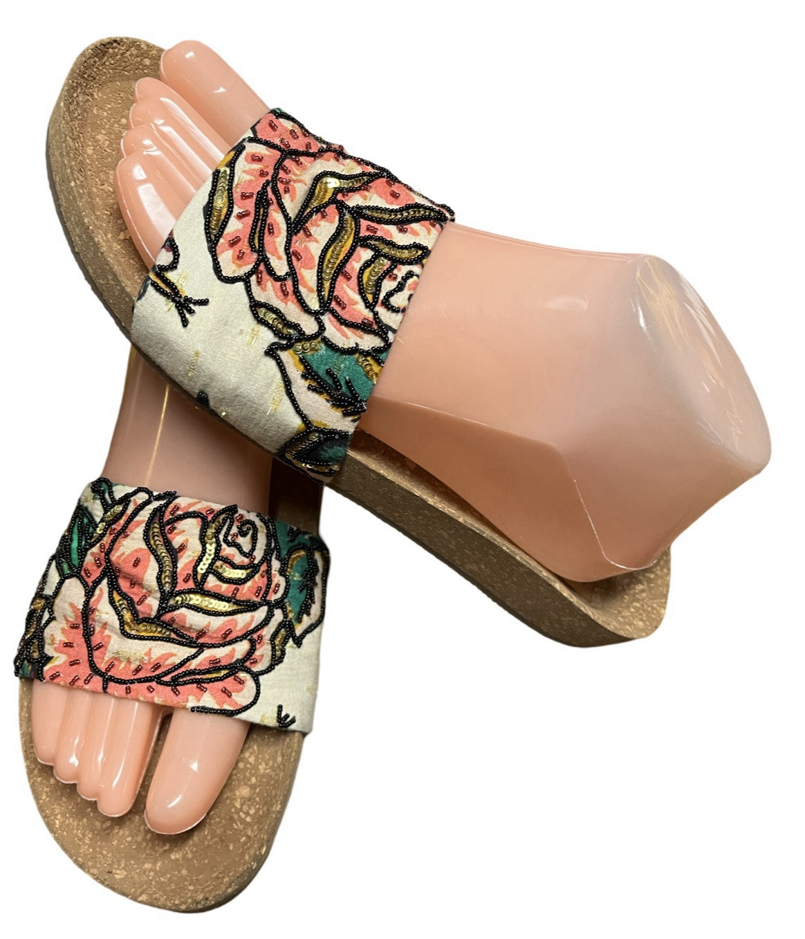 Figue Designer Sandals 8.5-9 Slides Beaded Sequined Rose Pattern Neiman Barneys