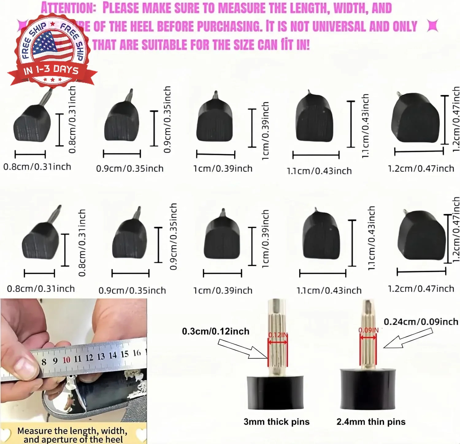 10 Pairs High Heel Tips Replacement – U/Cap Style, 2.4mm & 3mm Metal Core, 5 Siz