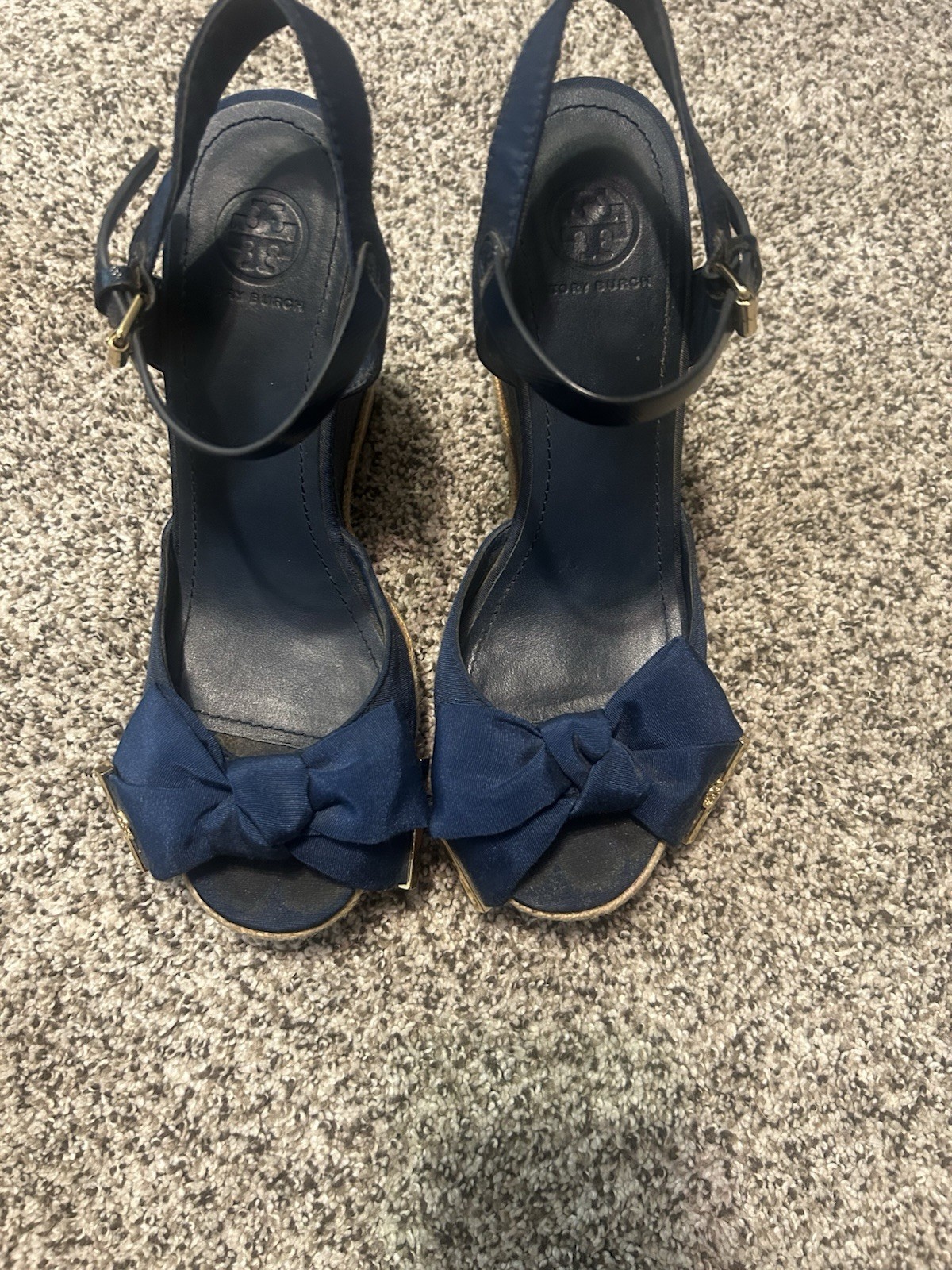 Tory Burch Blue Wedge Ankle Strap Sandals Bow Logo Buckle Women’s US 8