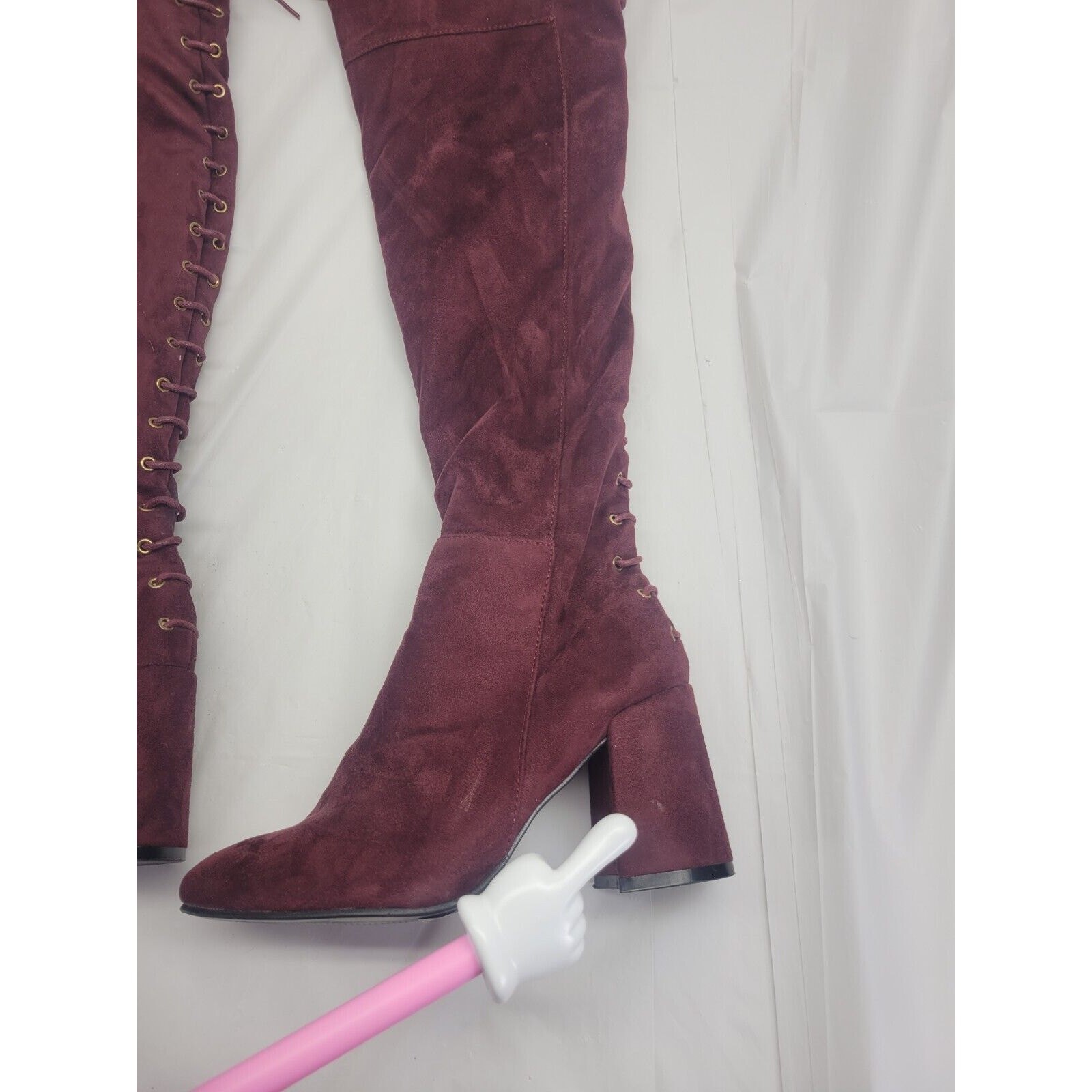 Indulge Size 7 Suede High Heel Over The Knee Boots Lace Up Zip Burgundy Maroon