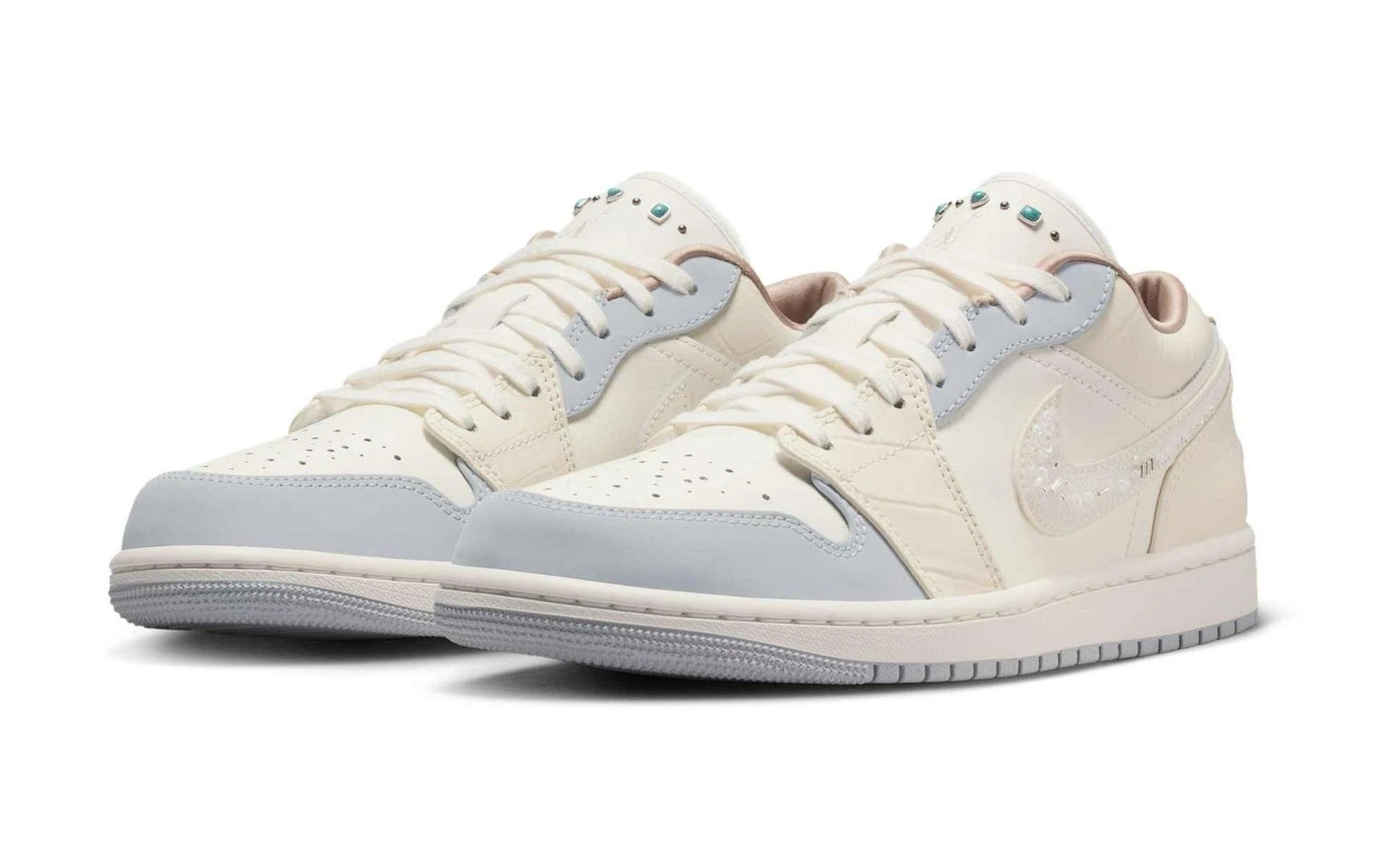 Nike Air Jordan 1 Low IH7323-100 Cream Light Blue Crystal Rhinestone Swoosh Low