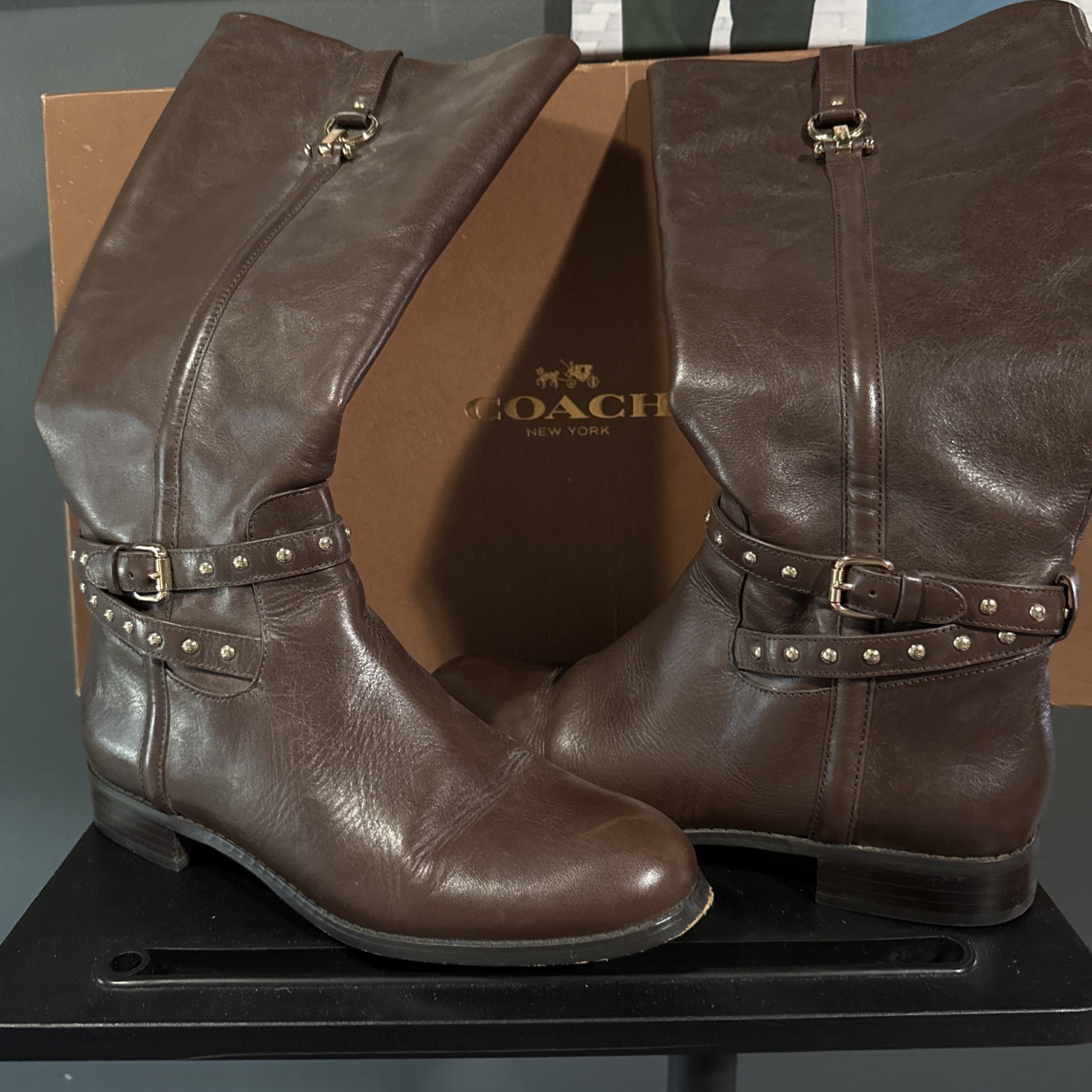 COACH Maddie Dark Brown Leather W/ Gold Accents Tall Riding Boots Sz 10B