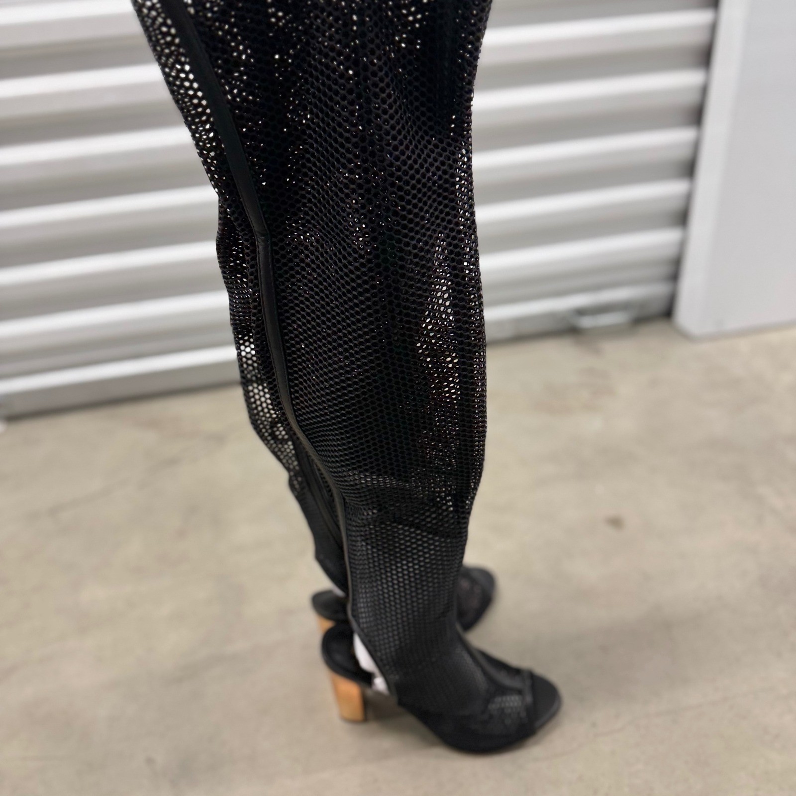 Bamboo Spotlight Black Mesh Over The Knee Boots Gold Block Heel Peep Toe Size 9