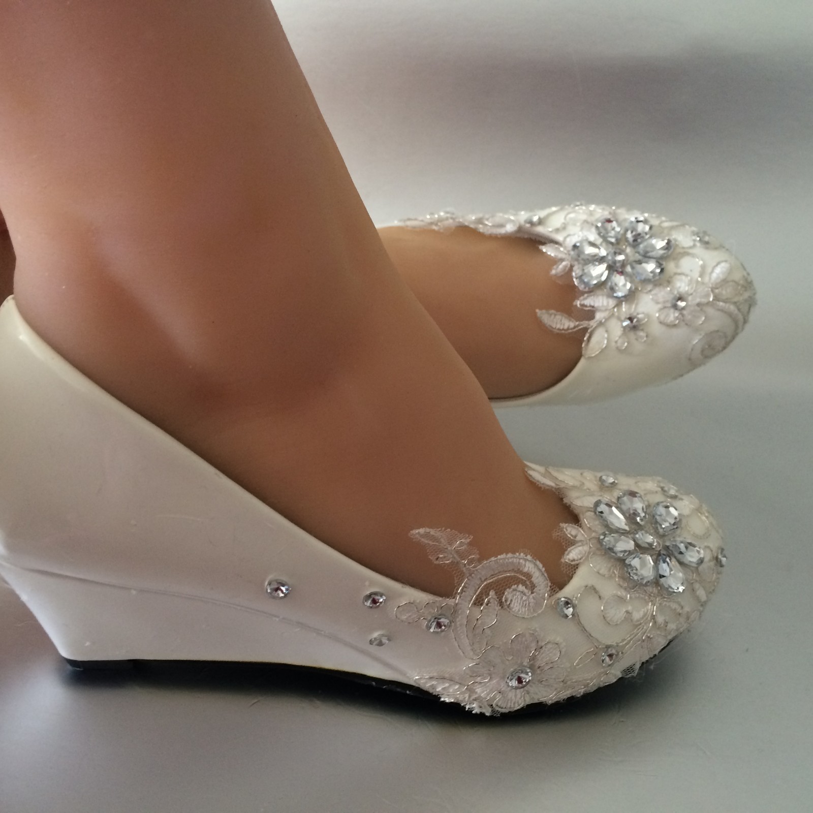 su.cheny- Lace white ivory crystal flats low high heel pump Wedding Bridal shoes