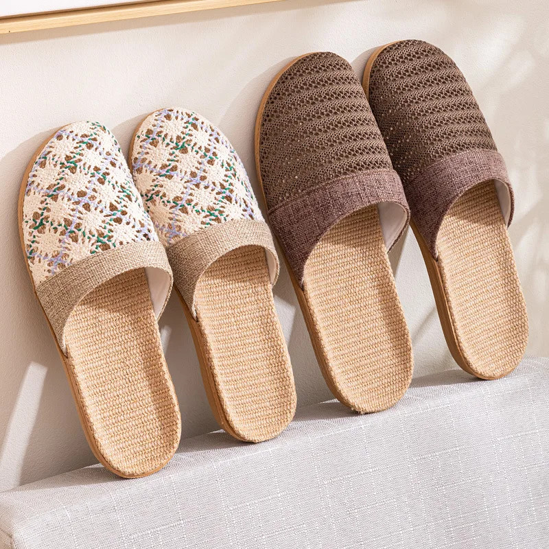 New Oriental Flax Slippers For Women Summer Indoor Home Summer Wooden Floor Slip