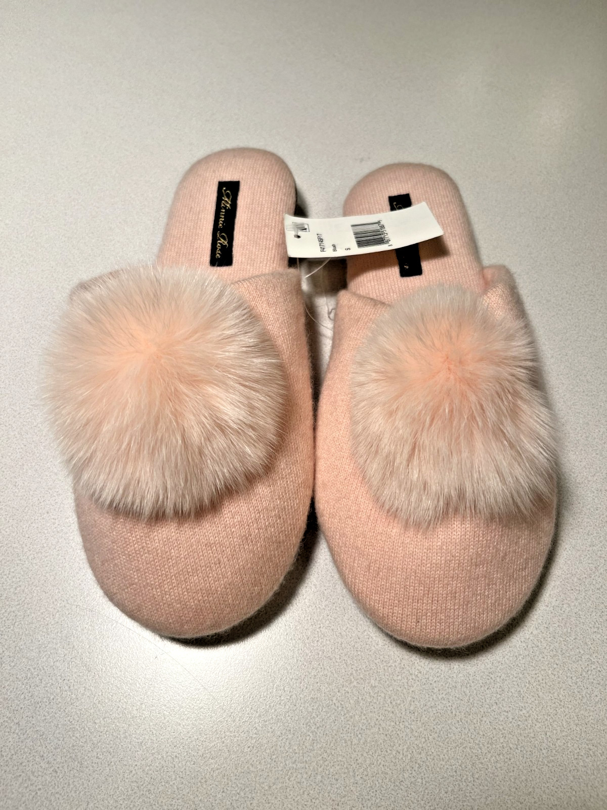 NEW Minnie Rose Pink Cashmere Real Fox Fur Pom-Pom Slippers Size S (US 5-6)