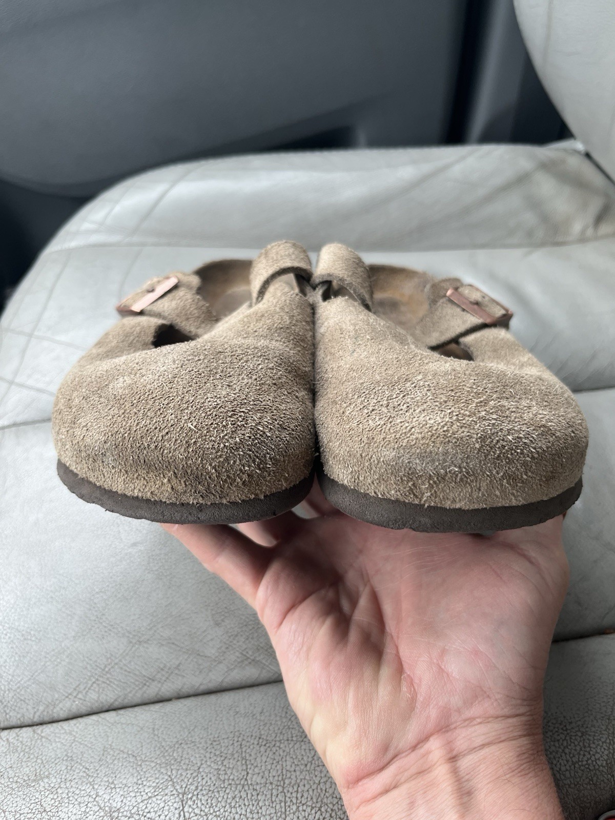Women’s Birkenstock Boston taupe suede soft footbed buckle clogs size 10 R / 41`