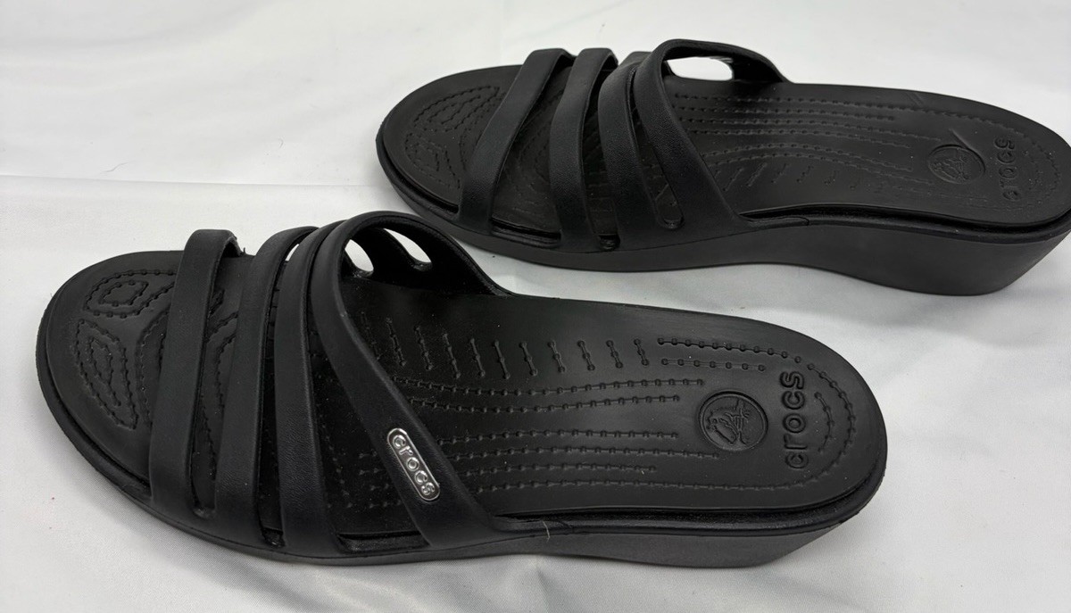 Crocs Rhonda Women’s Size 8 Black Slip On Sandals Casual Wedge Shoes NWOB