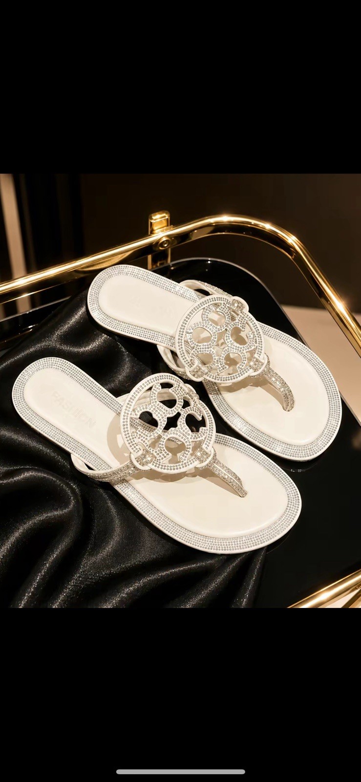 Women’s White/Gold Slide Sandals Logo Accent Slip-On Casual Solid