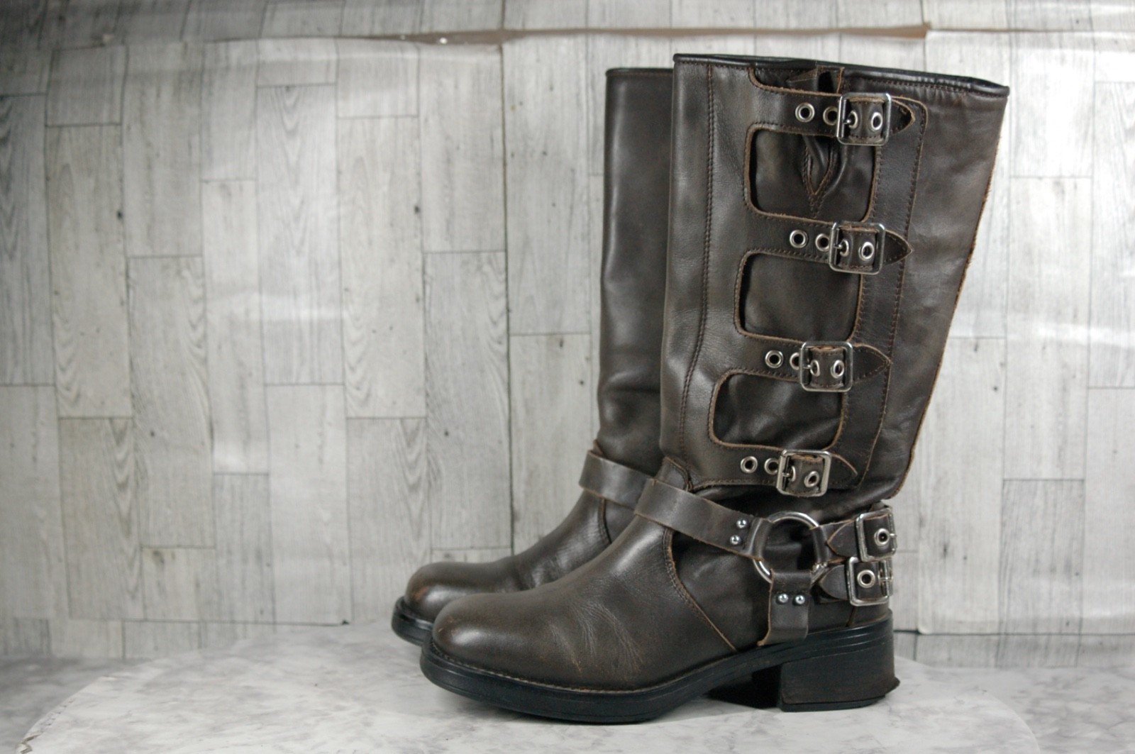 Steve Madden Brocks Biker Boots Women 8.5M Punk Harness Shoes Brown Distressed