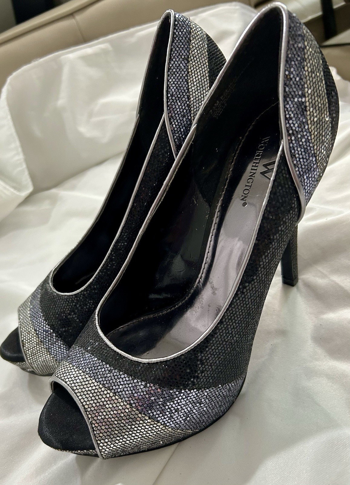 Worthington Women’s Black/Silver Glitter Peep Toe Stiletto Slip-On Pumps 7.5