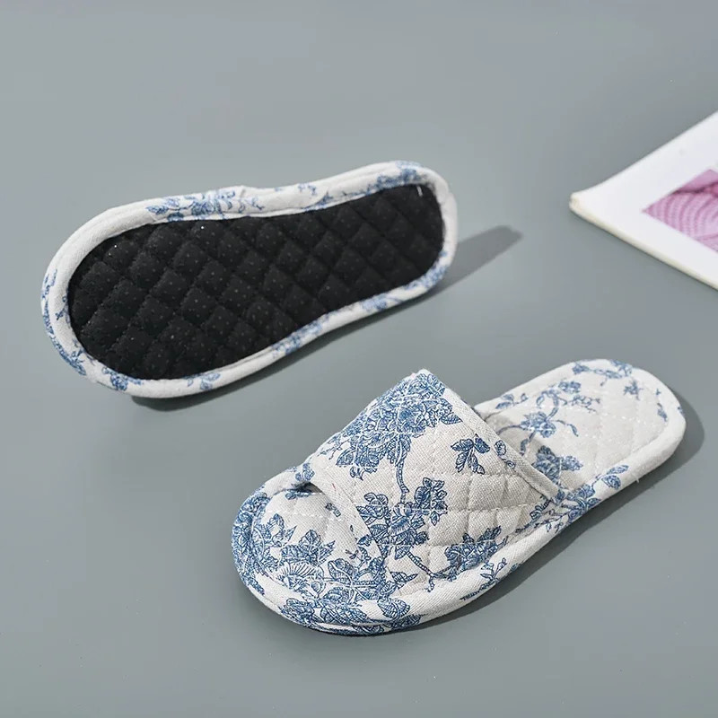 Women Home Slippers Soft Cotton Floral Floor Shoes Antislip Bedroom Slippers Lig