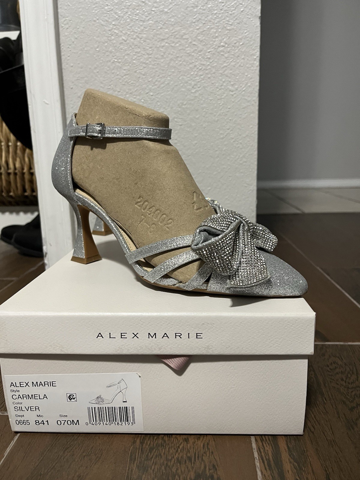 Alex Marie Sparkling Silver Heel With Bow, Size 7