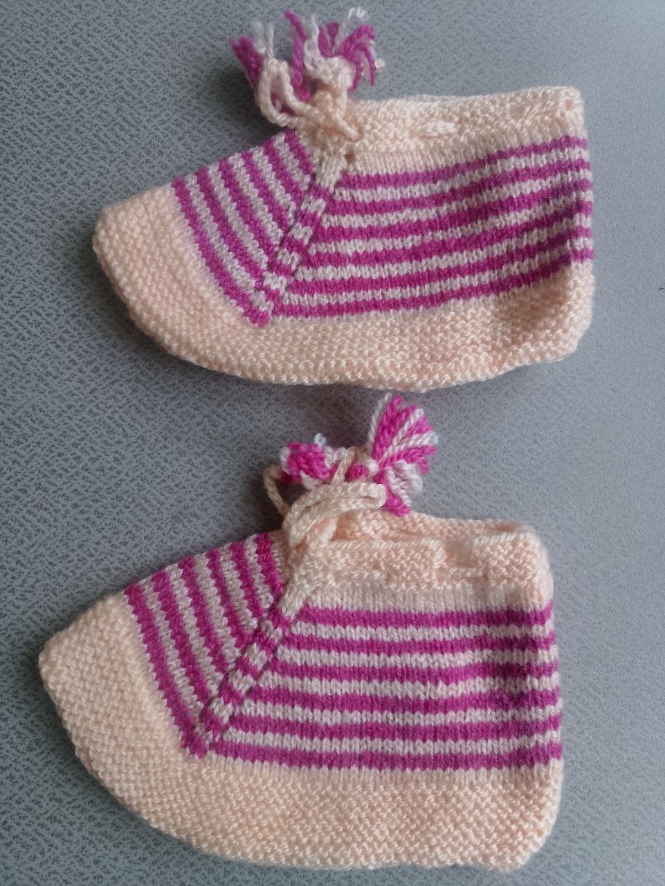 Pink Striped Knit Slippers – Soft Wool House Shoes Hand-Knitted Pink