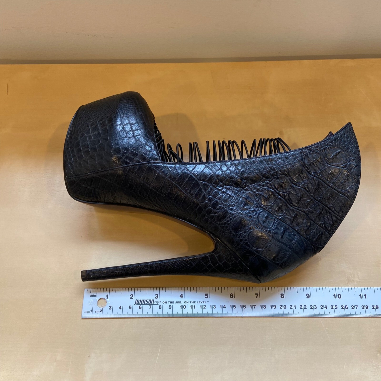 London Trash Black Crocodile Textured Stiletto Heels With Unique Lace-Up Design