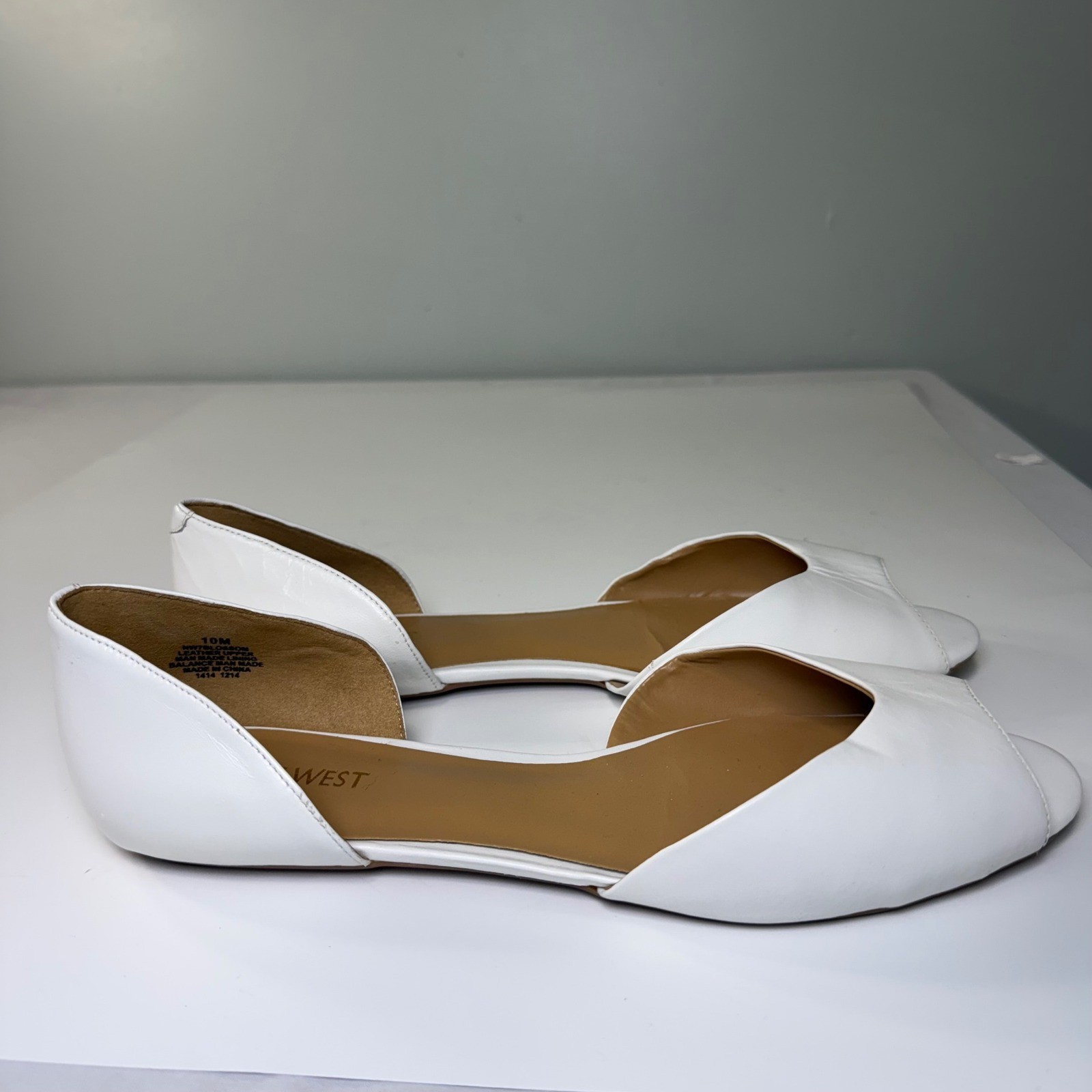 Nine West Blossom White Leather Peep Toe d’Orsay Flats Womens 10M