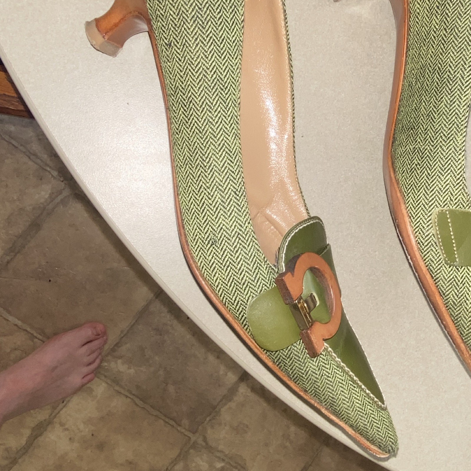 Salvatore Ferragamo Green/Brown Herringbone Pointed Toe Buckle Pumps Leather