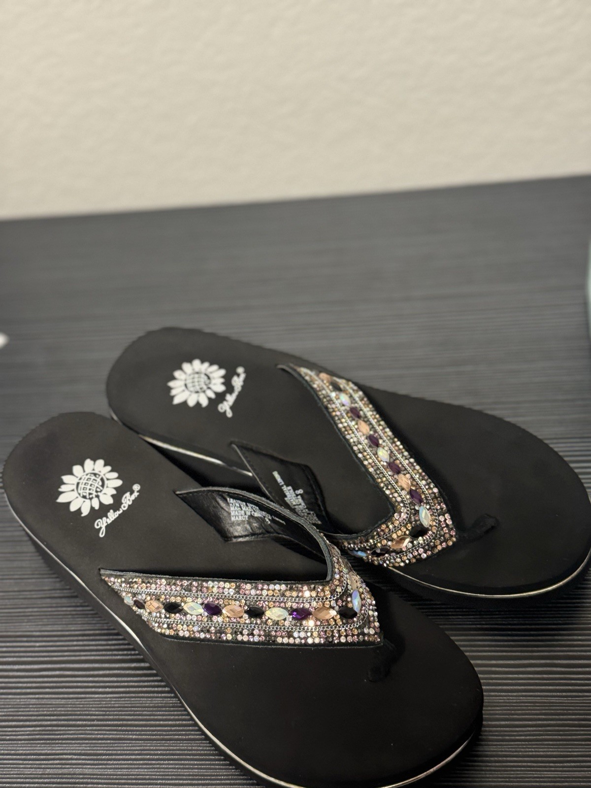 Yellow Box Black Suede Thong Wedge Sandals Beaded Rhinestone Slip-On 8