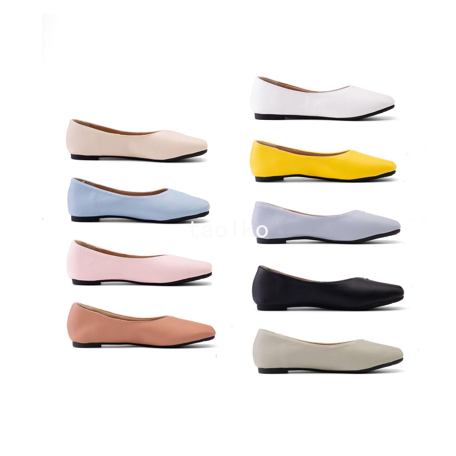 Womens Slip On Flat Square Toe Soft Faux Leather Comfort Pumps Shoes Oversize