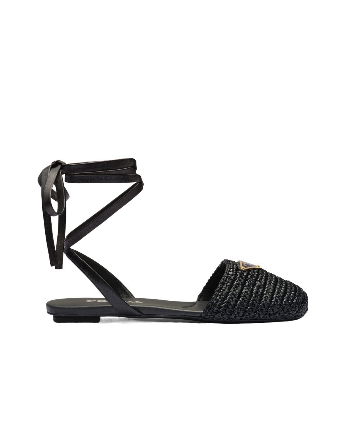 PRADA Black Raffia Logo Tie Ankle Strap Strappy Flats Women’s EU 39 US 8.5