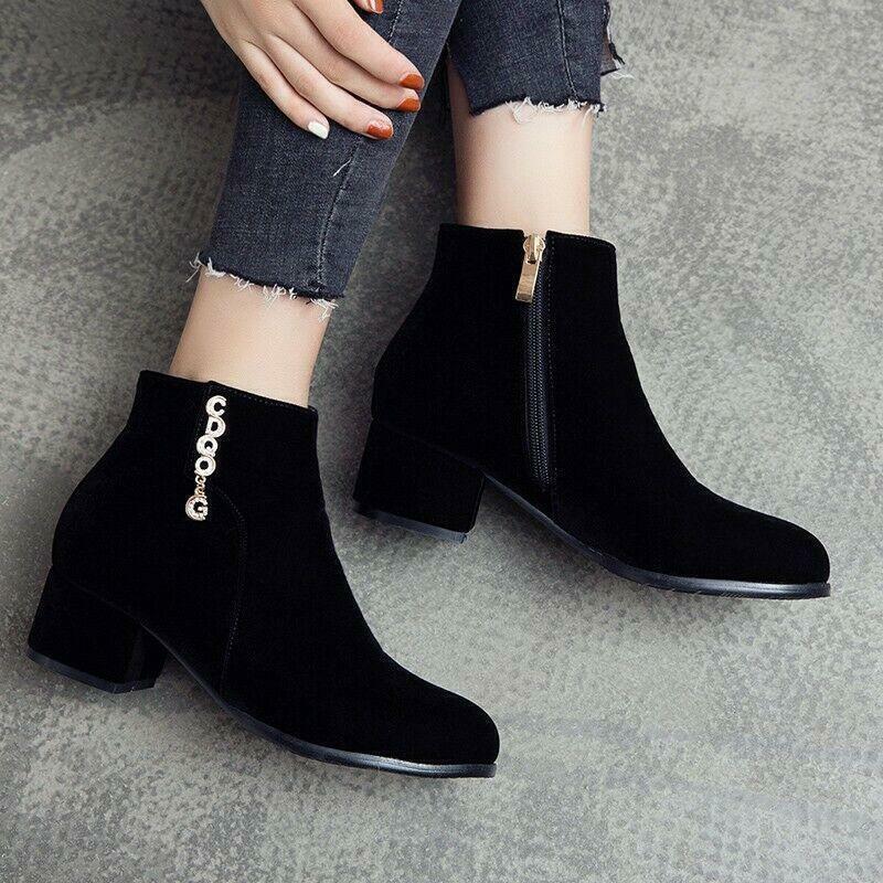 Womens Ankle Boots Round Toe Rhinestone Chunky Heel Side Zip Shoes 50/51/52 Hot