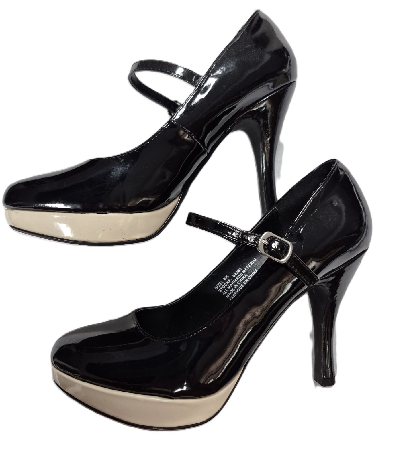 Maurice’s Black & Tan Heels (8.5) Instep-Strap Man-Made 4.25″-Heels