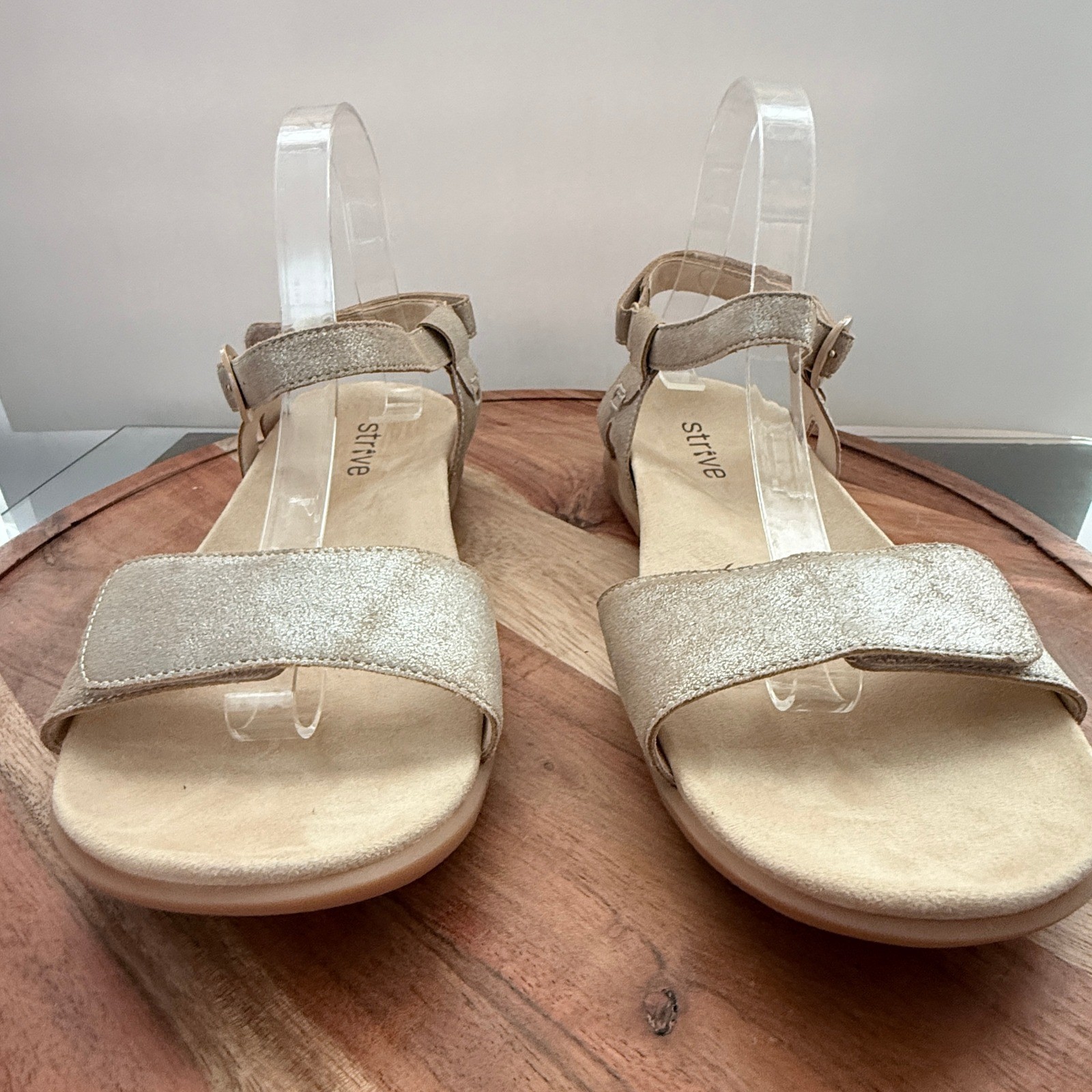 Strive Womens Metallic Champagne Leather Ankle Strap Sandals 9 Comfort Orthotic